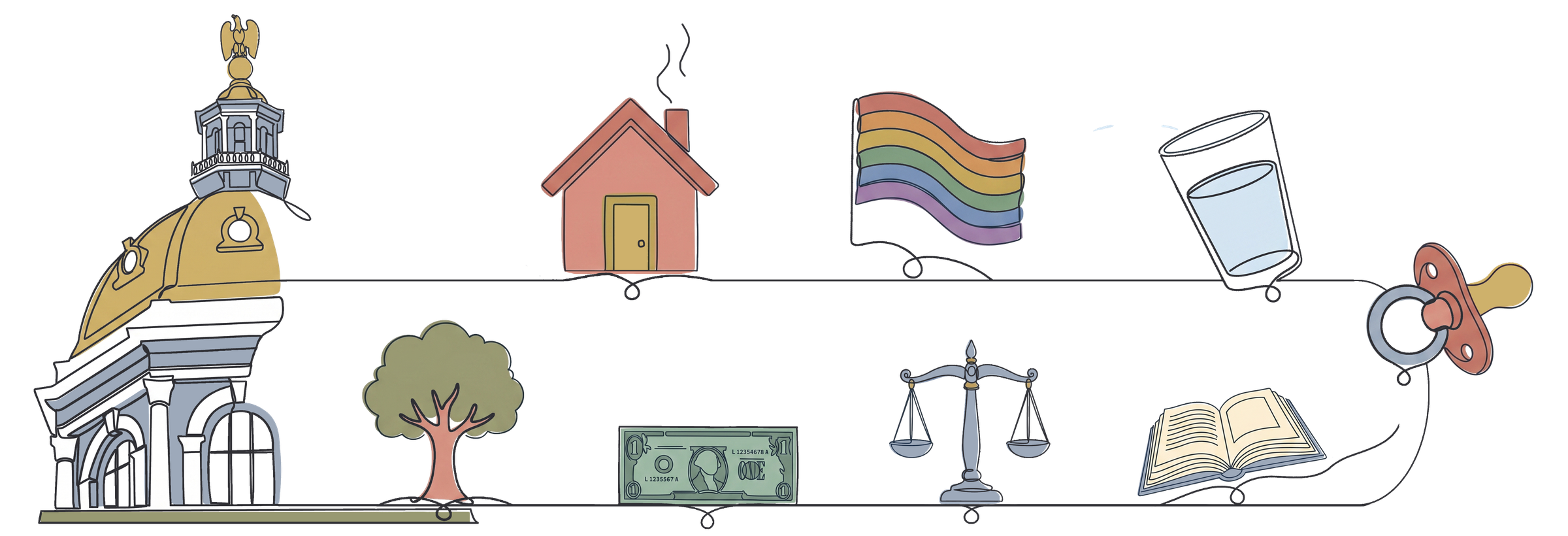 Abstract image of the New Hampshire State House with a house, a pride flag, a glass of clean water, a pacifier, a tree, a dollar bill, the scales of justice, and an open book surrounding it.