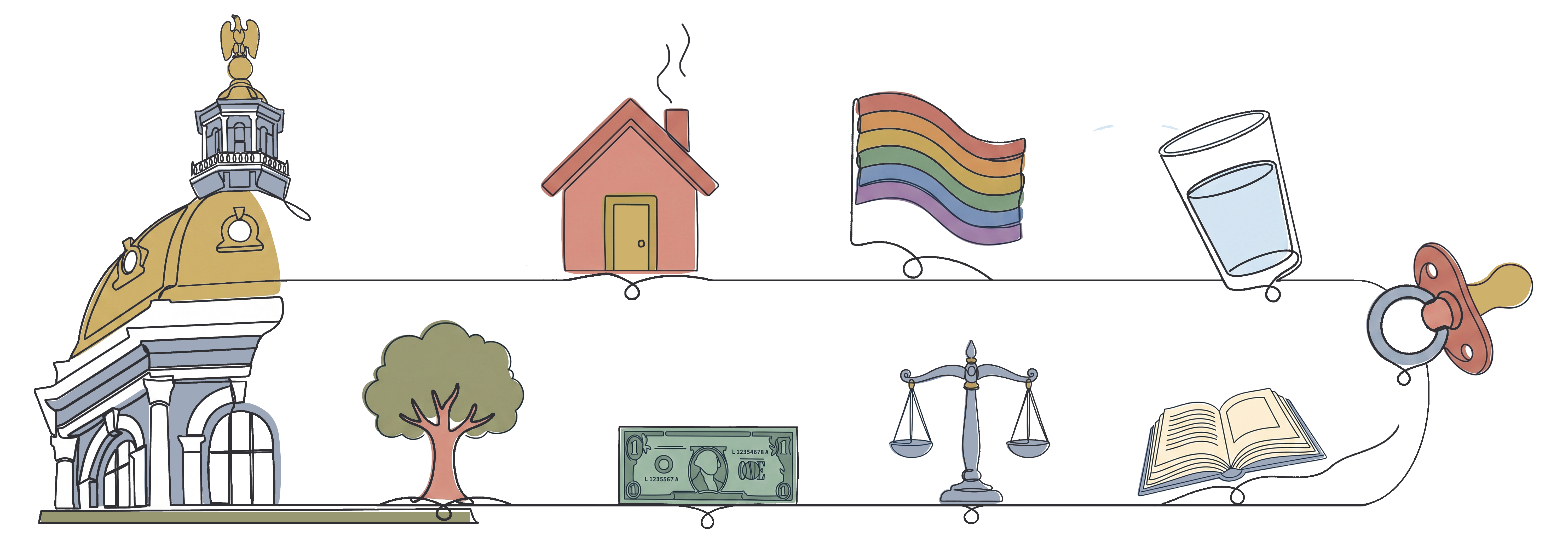 Abstract image of the New Hampshire State House with a house, a pride flag, a glass of clean water, a pacifier, a tree, a dollar bill, the scales of justice, and an open book surrounding it.